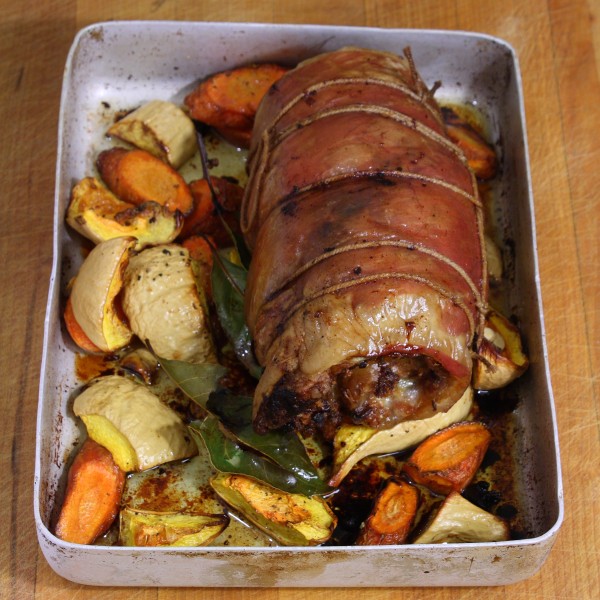 Lamb breast stuffed with apricots and thyme, rolled