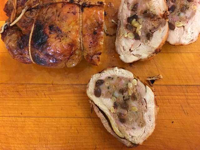 A ballotine of guinea fowl, stuffed with bacon and nuts